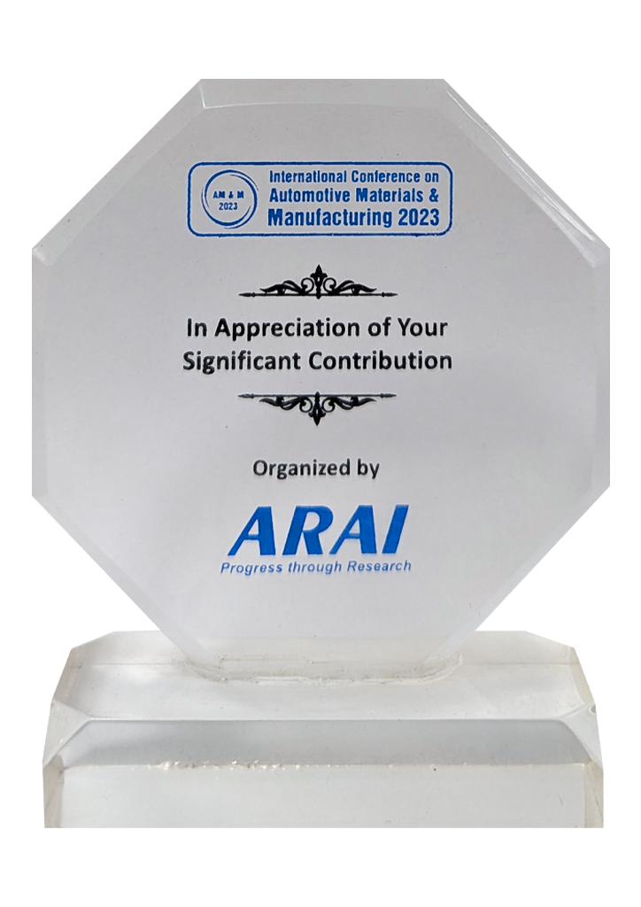 ARAI International Conference on Automotive Materials and Manufacturing 2023 appreciation award