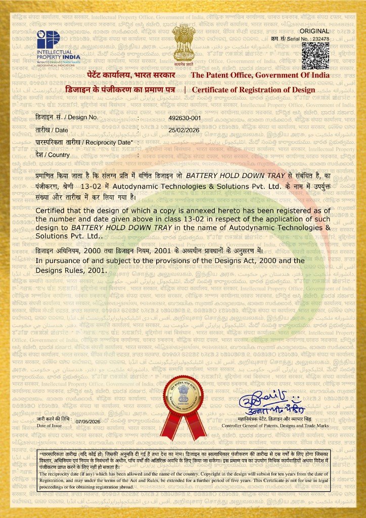 Government of India design registration certificate 492630-001 for Battery Hold Down Tray