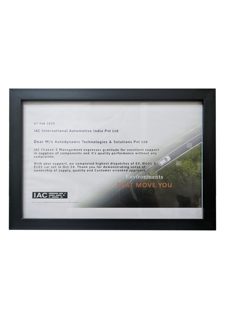 IAC International Automotive India appreciation certificate February 2025