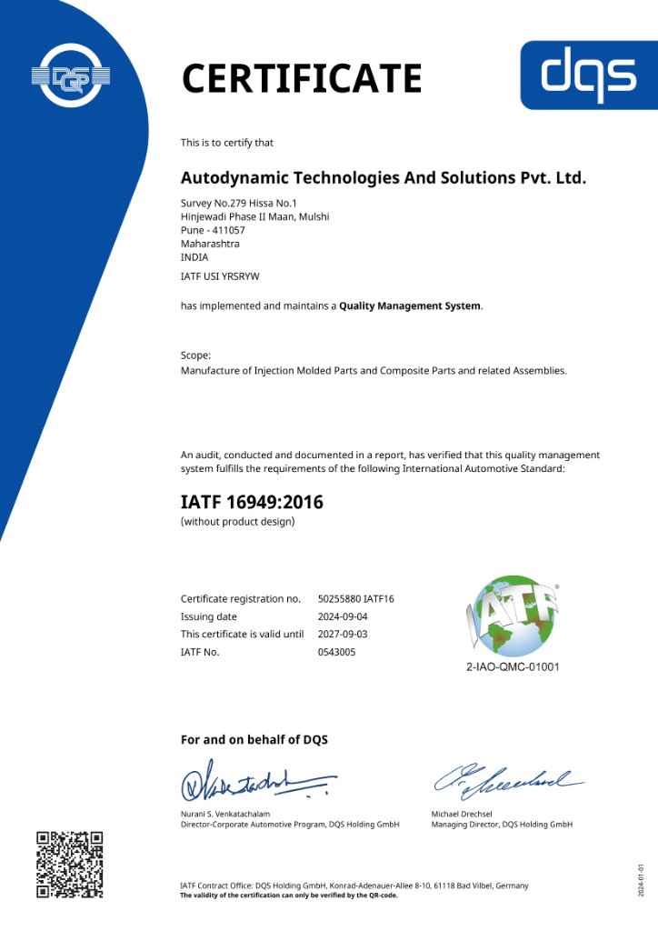 IATF 16949:2016 certificate for Autodynamic Technologies and Solutions Pvt Ltd