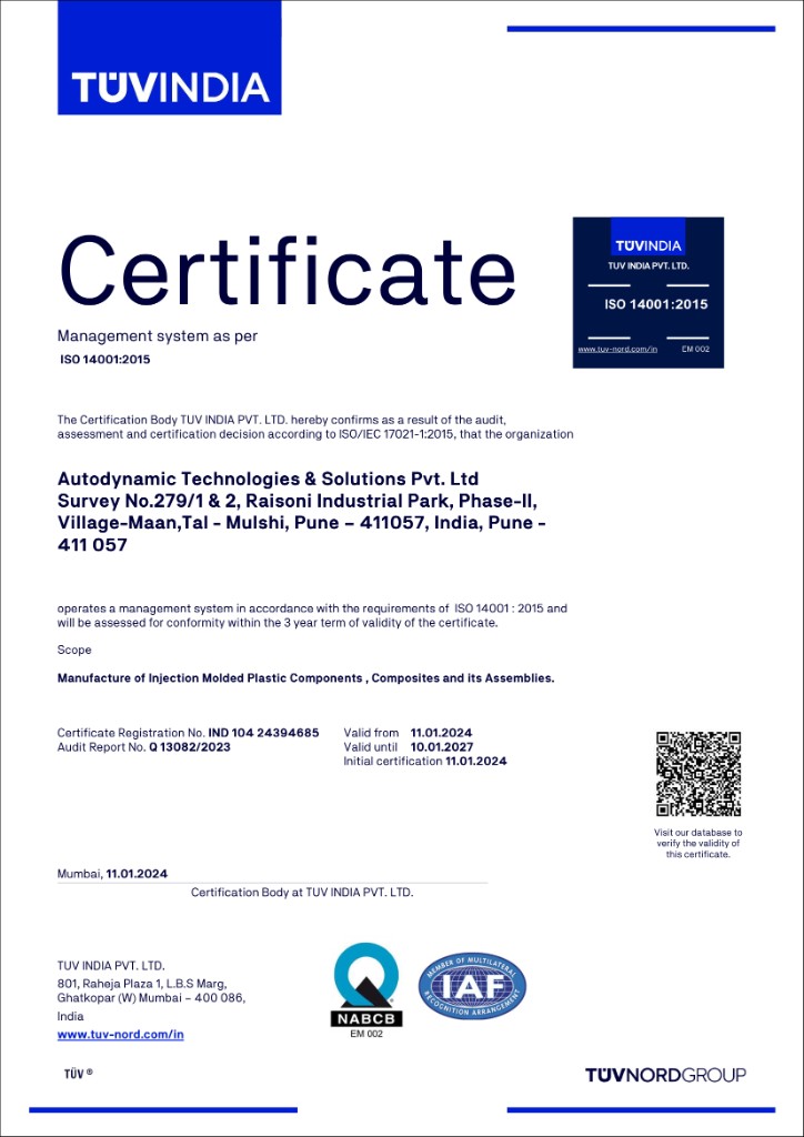 ISO 14001:2015 certificate for Autodynamic Technologies and Solutions Pvt Ltd