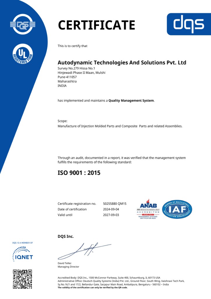 ISO 9001:2015 certificate for Autodynamic Technologies and Solutions Pvt Ltd
