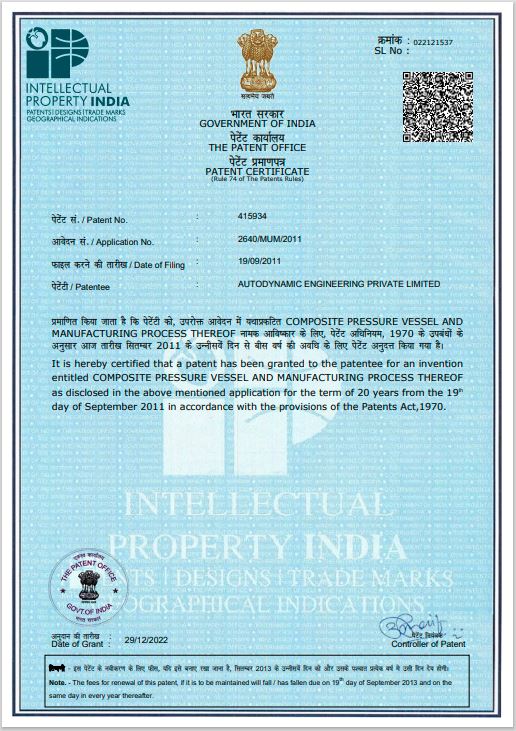 Patent certificate held by Autodynamic Technologies