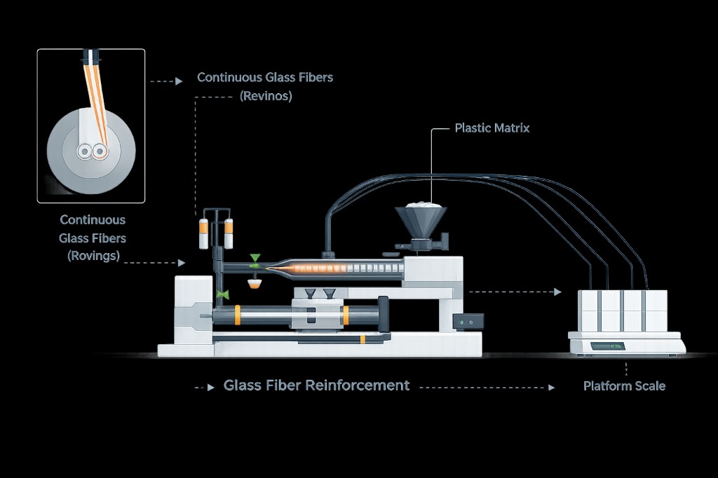 IMC Machine Diagram — Continuous Glass Fibers, Plastic Matrix, Glass Fiber Reinforcement, Platform Scale